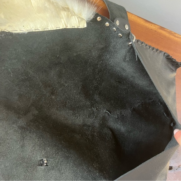 Rocker genuine leather fur purse crossbody bag custom artist design rivets studs - Picture 4 of 8